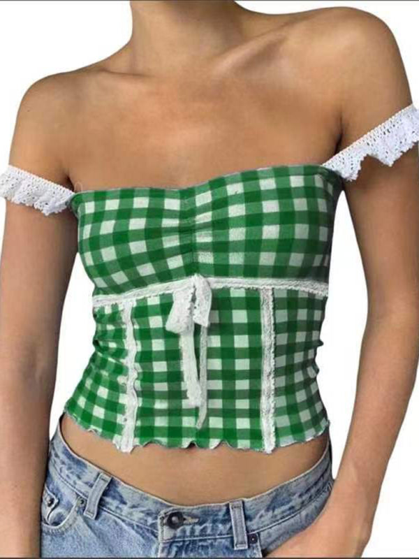 Plaid Tops- Romantic Lace Accented Plaid Cami - Women's Milkmaid Top- Green- Chuzko Women Clothing