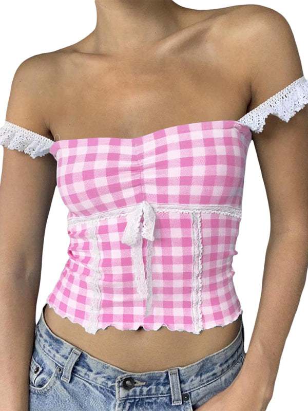 Plaid Tops- Romantic Lace Accented Plaid Cami - Women's Milkmaid Top- Pink- Chuzko Women Clothing