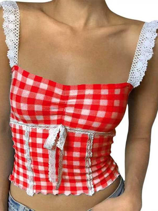 Plaid Tops- Romantic Lace Accented Plaid Cami - Women's Milkmaid Top- Red- Chuzko Women Clothing