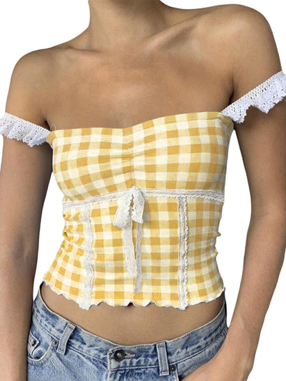 Plaid Tops- Romantic Lace Accented Plaid Cami - Women's Milkmaid Top- Yellow- Chuzko Women Clothing