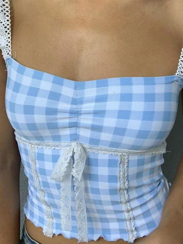 Plaid Tops- Romantic Lace Accented Plaid Cami - Women's Milkmaid Top- - Chuzko Women Clothing