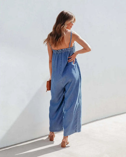 Playsuits- Full-Length Women Playsuit - Relaxed Denim Jumpsuit- - Chuzko Women Clothing