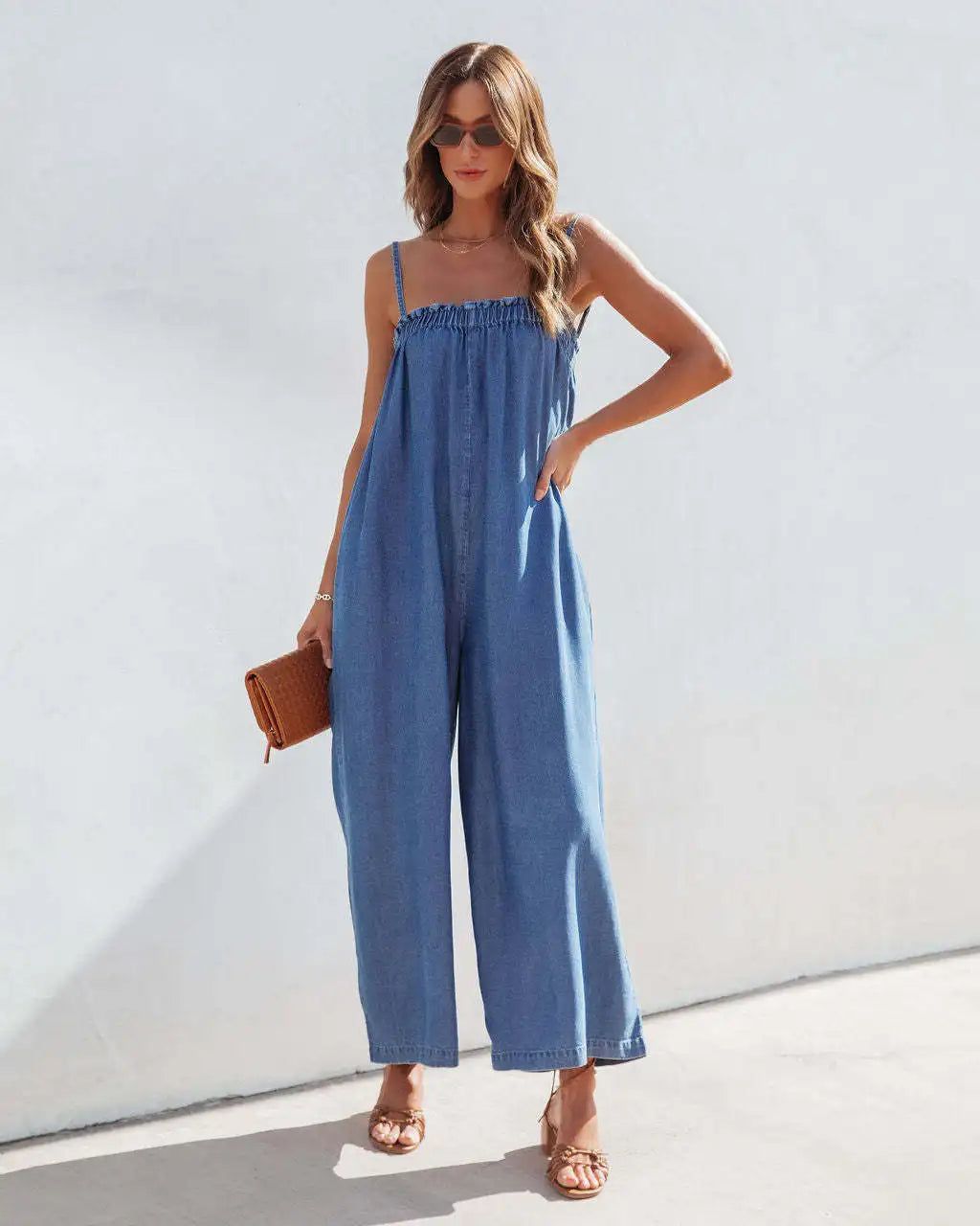 Playsuits- Full-Length Women Playsuit - Relaxed Denim Jumpsuit- - Chuzko Women Clothing