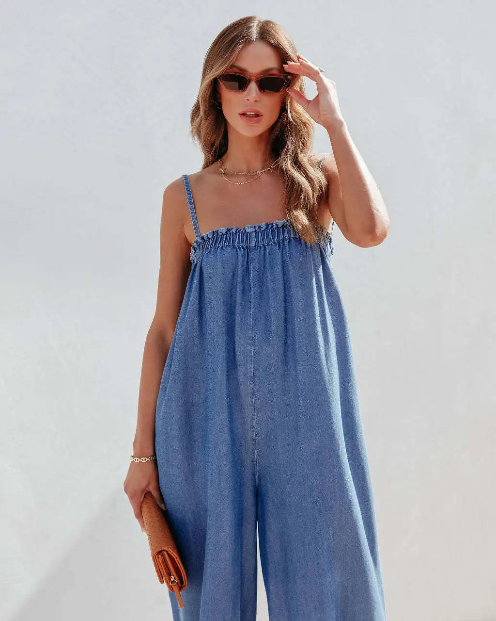 Playsuits- Full-Length Women Playsuit - Relaxed Denim Jumpsuit- - Chuzko Women Clothing