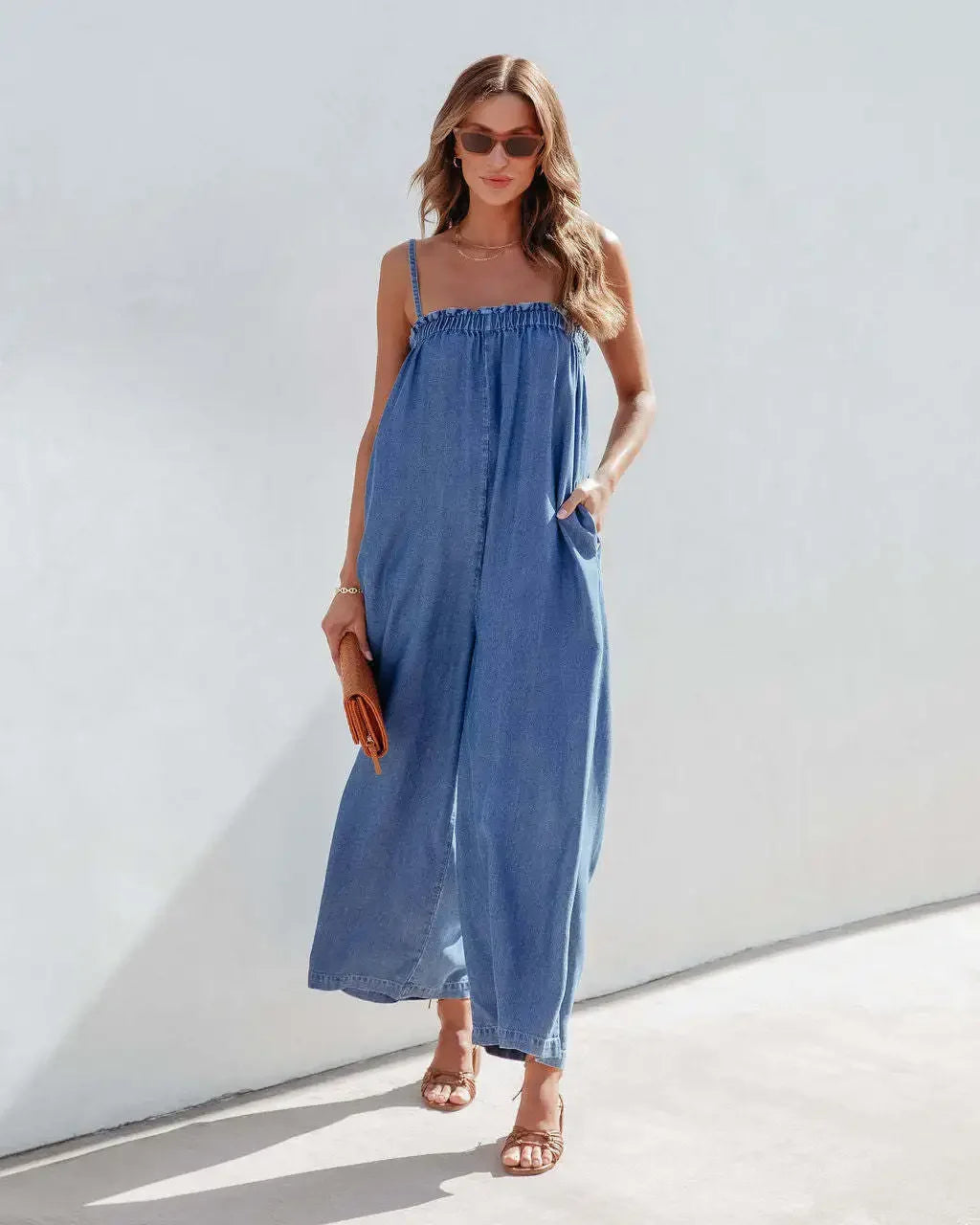 Playsuits- Full-Length Women Playsuit - Relaxed Denim Jumpsuit- Blue- Chuzko Women Clothing