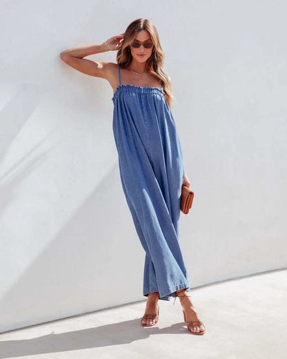 Playsuits- Full-Length Women Playsuit - Relaxed Denim Jumpsuit- - Chuzko Women Clothing