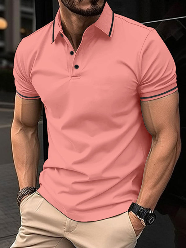 Polos- Men's Contrast Solid Polo Shirt with Short Sleeves- Watermelon Red- Chuzko Women Clothing