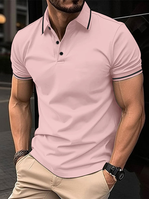 Polos- Men's Contrast Solid Polo Shirt with Short Sleeves- Pink- Chuzko Women Clothing