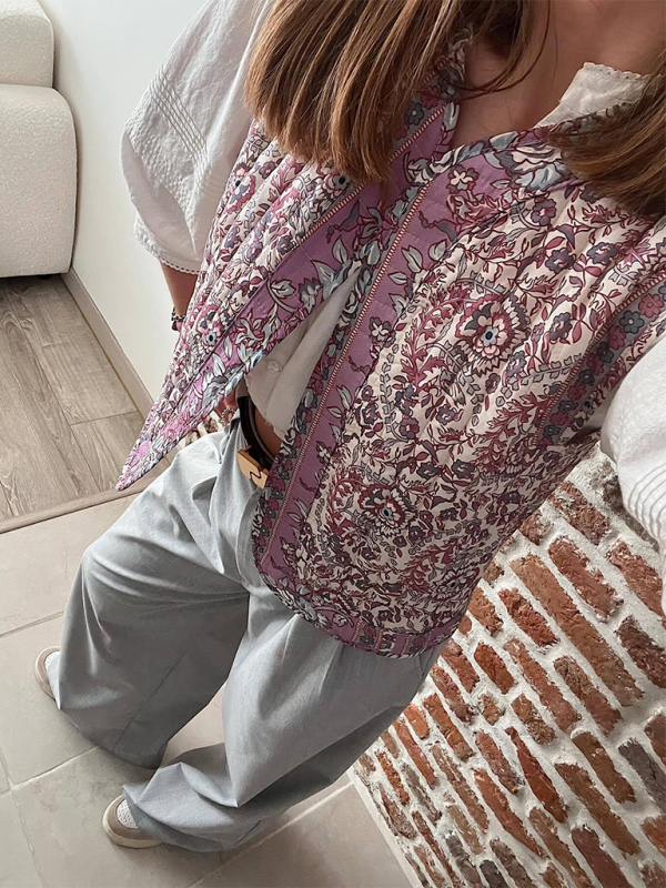 Quilted Jacket Vest- Women Floral Quilted Waistcoat- - Chuzko Women Clothing