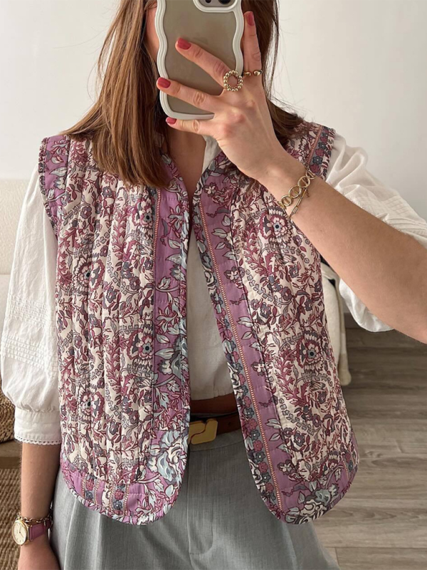 Quilted Jacket Vest- Women Floral Quilted Waistcoat- Pink Purple- Chuzko Women Clothing