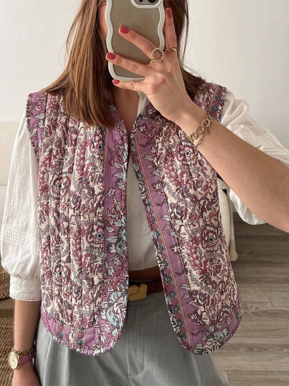 Quilted Jacket Vest- Women Floral Quilted Waistcoat- Pink Purple- Chuzko Women Clothing