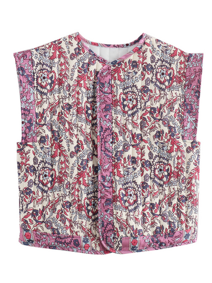 Quilted Jacket Vest- Women Floral Quilted Waistcoat- - Chuzko Women Clothing