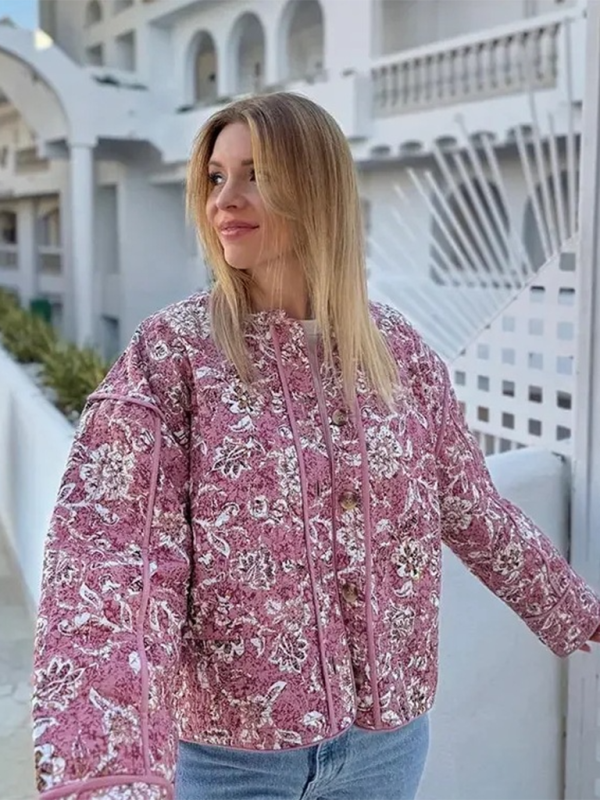 Quilted Jackets- Pink Floral Quilted Jacket for Everyday Adventures- Pink- Chuzko Women Clothing