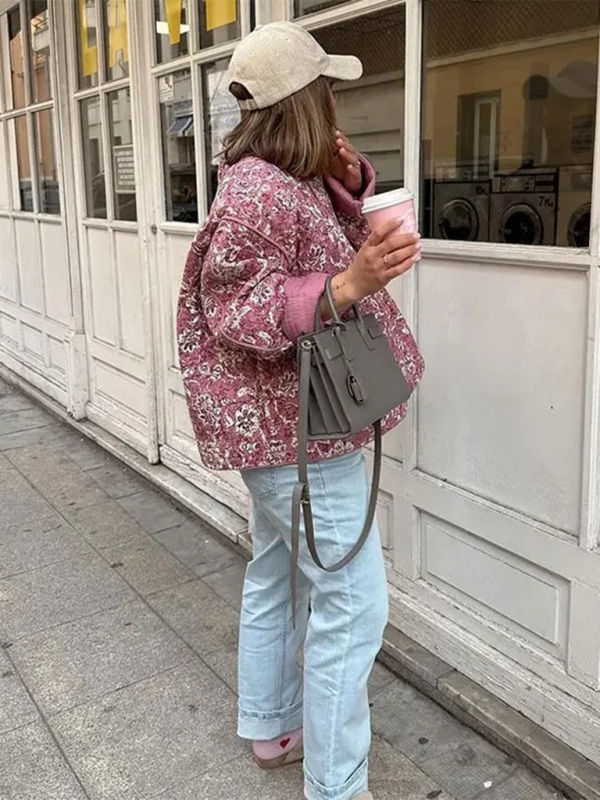 Quilted Jackets- Pink Floral Quilted Jacket for Everyday Adventures- - Chuzko Women Clothing