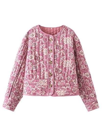 Quilted Jackets- Pink Floral Quilted Jacket for Everyday Adventures- - Chuzko Women Clothing