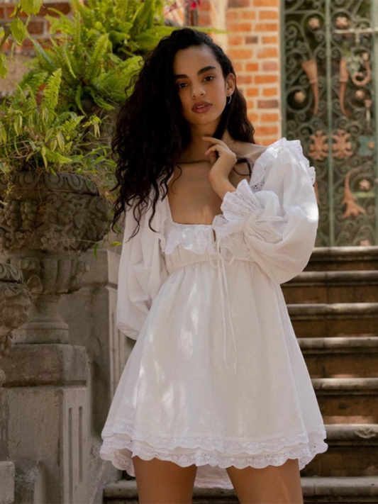 Romantic Dresses- Romantic Summer Dreamy White Lace Mini Dress- White- Chuzko Women Clothing