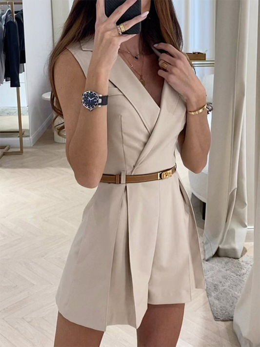 Business Casual Notch Lapel Romper with Wide-Leg Shorts for Women