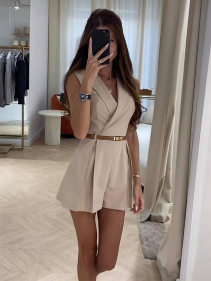Business Casual Notch Lapel Romper with Wide-Leg Shorts for Women