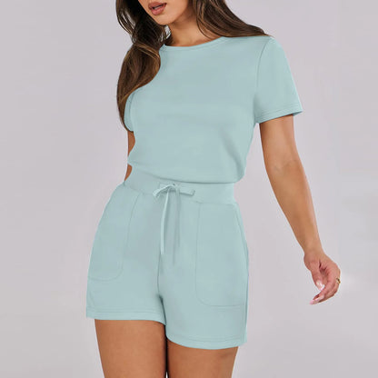 Rompers- Casual Women's Gathered-Waist Romper - Tee Playsuit- Blue- Chuzko Women Clothing