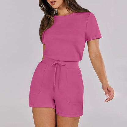 Rompers- Casual Women's Gathered-Waist Romper - Tee Playsuit- Hot Pink- Chuzko Women Clothing