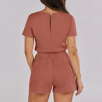 Rompers- Casual Women's Gathered-Waist Romper - Tee Playsuit- - Chuzko Women Clothing