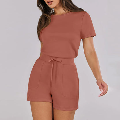 Rompers- Casual Women's Gathered-Waist Romper - Tee Playsuit- Brown- Chuzko Women Clothing