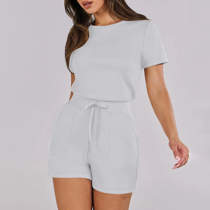 Rompers- Casual Women's Gathered-Waist Romper - Tee Playsuit- Gray- Chuzko Women Clothing