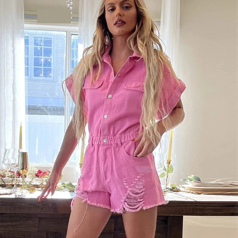 Rompers- Festival Distressed Hem Denim Playsuit - Trendy Romper- Pink- Chuzko Women Clothing