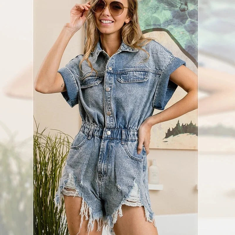 Rompers- Festival Distressed Hem Denim Playsuit - Trendy Romper- Light blue- Chuzko Women Clothing