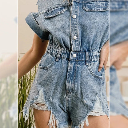 Rompers- Festival Distressed Hem Denim Playsuit - Trendy Romper- - Chuzko Women Clothing