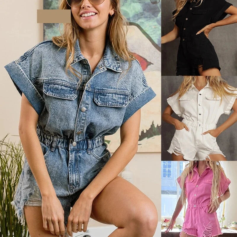 Rompers- Festival Distressed Hem Denim Playsuit - Trendy Romper- - Chuzko Women Clothing