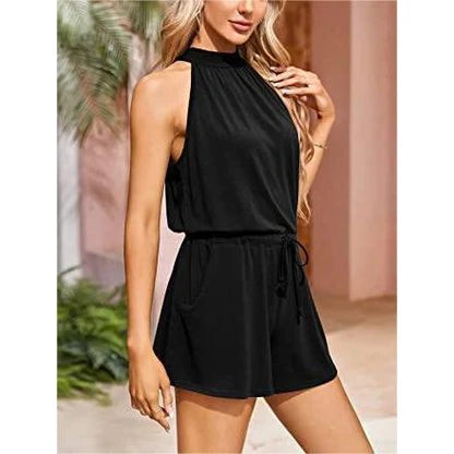 Rompers- Gathered-Waist Playsuit for Women - Solid Halter Romper- - Chuzko Women Clothing