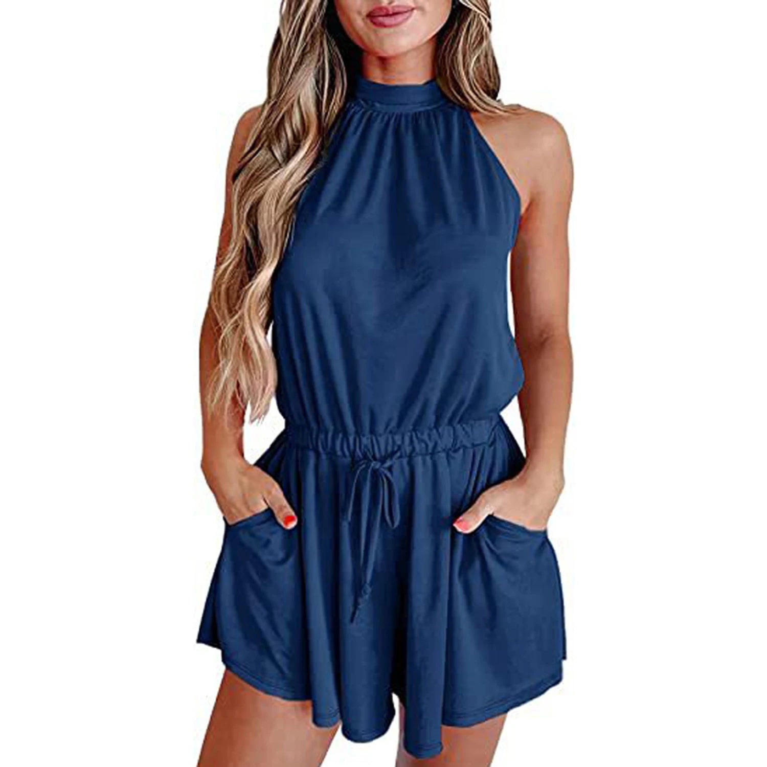 Rompers- Gathered-Waist Playsuit for Women - Solid Halter Romper- - Chuzko Women Clothing