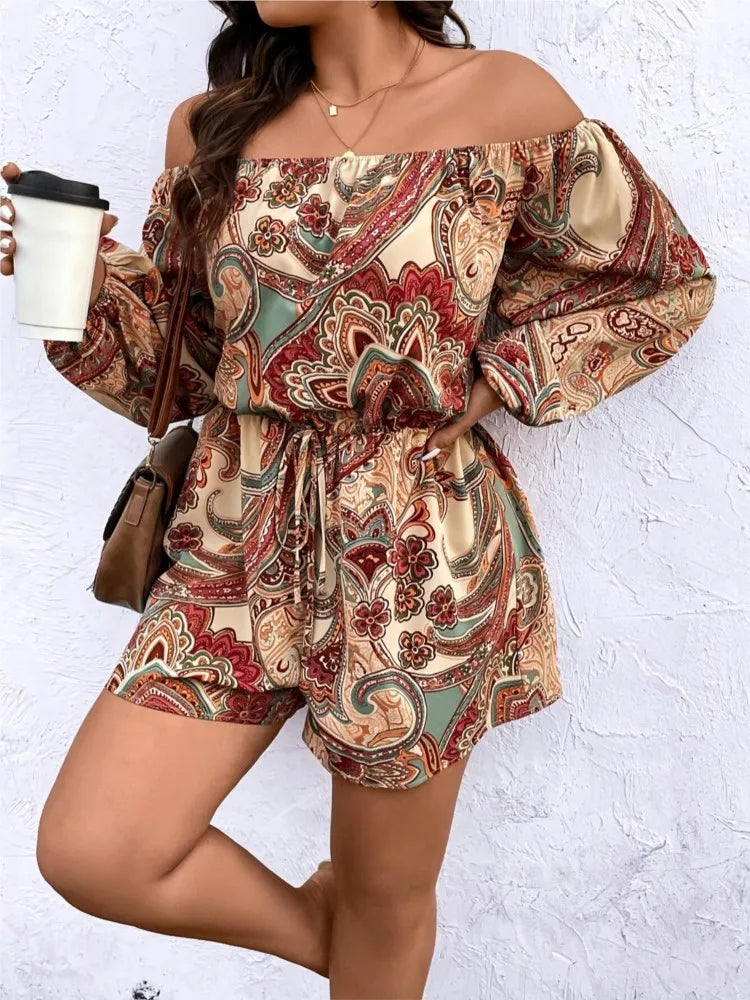 Rompers- Plus Size Boho Paisley Romper - Loose Off-Shoulder Playsuit for Women- - Chuzko Women Clothing