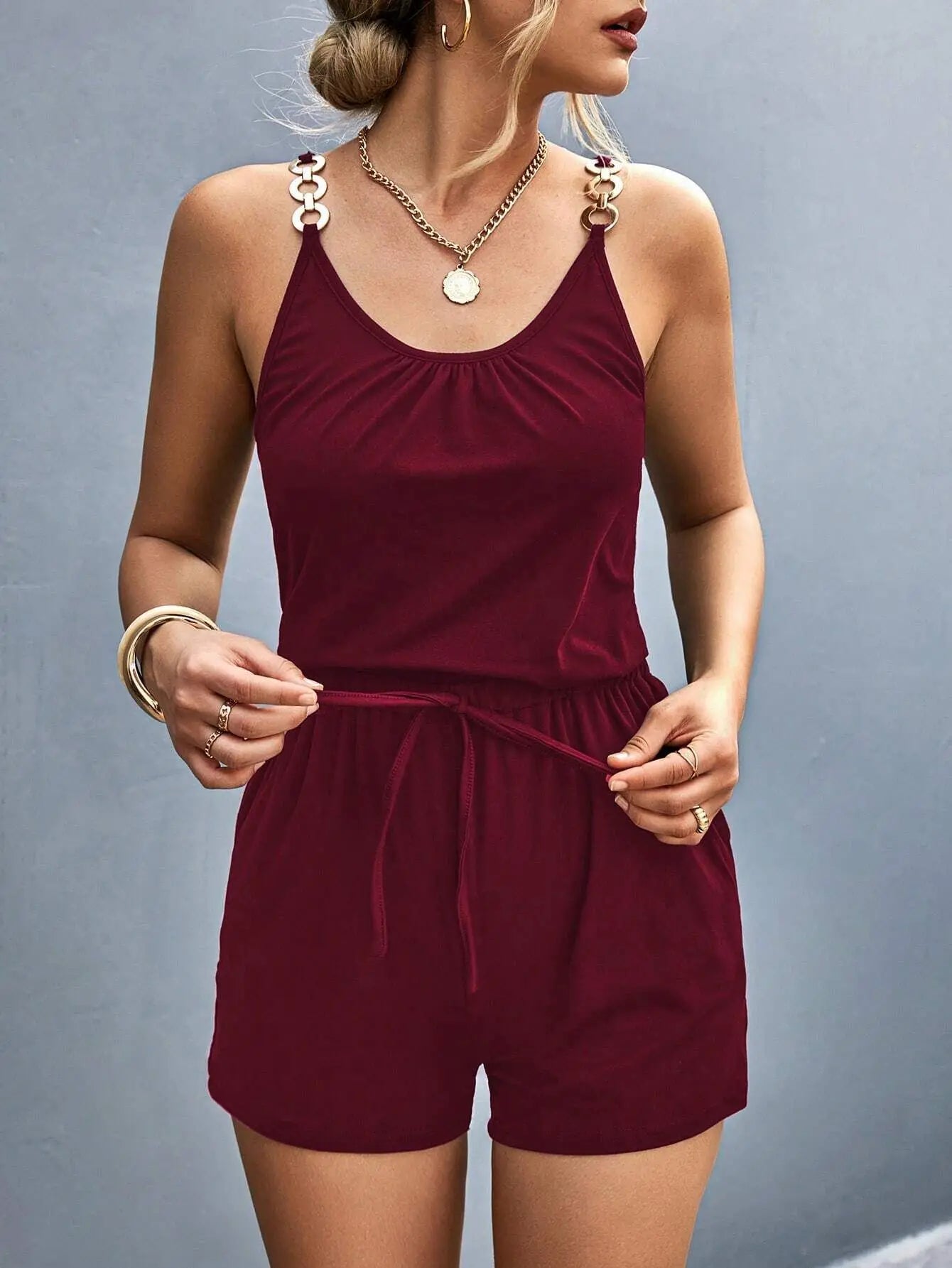 Rompers- Short-Length Playsuit with Gathered Waist for Women - Cami Romper- Burgundy- Chuzko Women Clothing