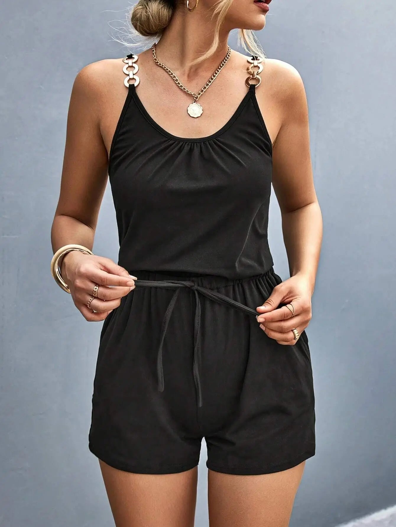Rompers- Short-Length Playsuit with Gathered Waist for Women - Cami Romper- Black- Chuzko Women Clothing