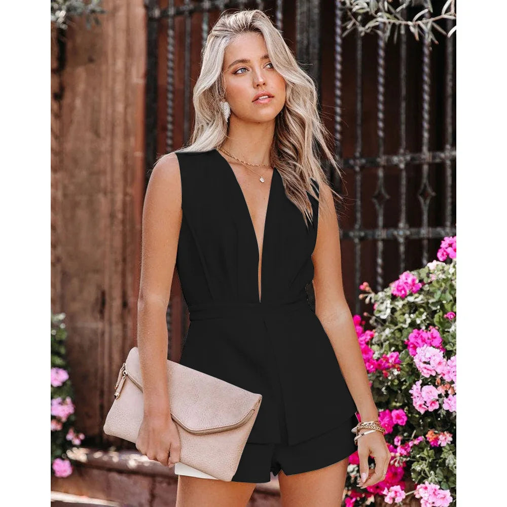 Rompers- Solid Backless Cocktail Playsuit - Party Plunge Romper- Black- Chuzko Women Clothing