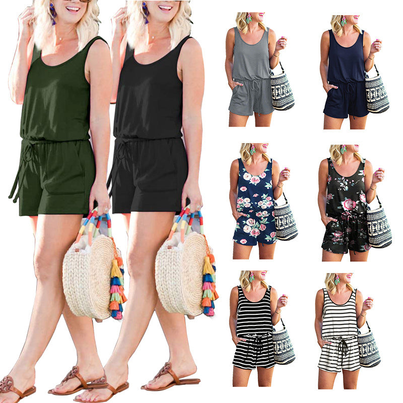 Solid Gathered Waist Romper for Women - Tank Playsuit