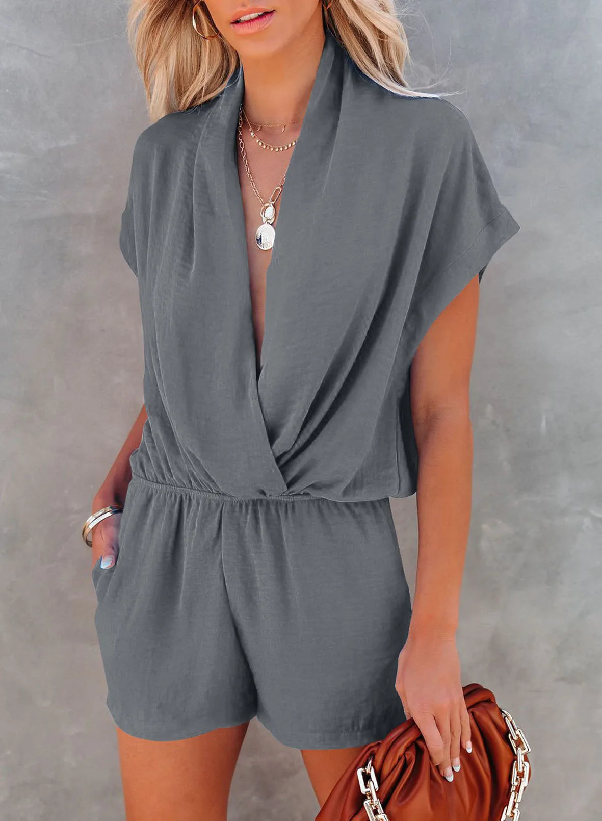 Rompers- Solid Plunge Romper for Casual Outings- Gray- Chuzko Women Clothing