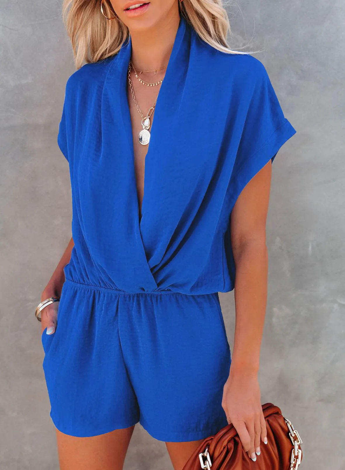 Rompers- Solid Plunge Romper for Casual Outings- Blue- Chuzko Women Clothing