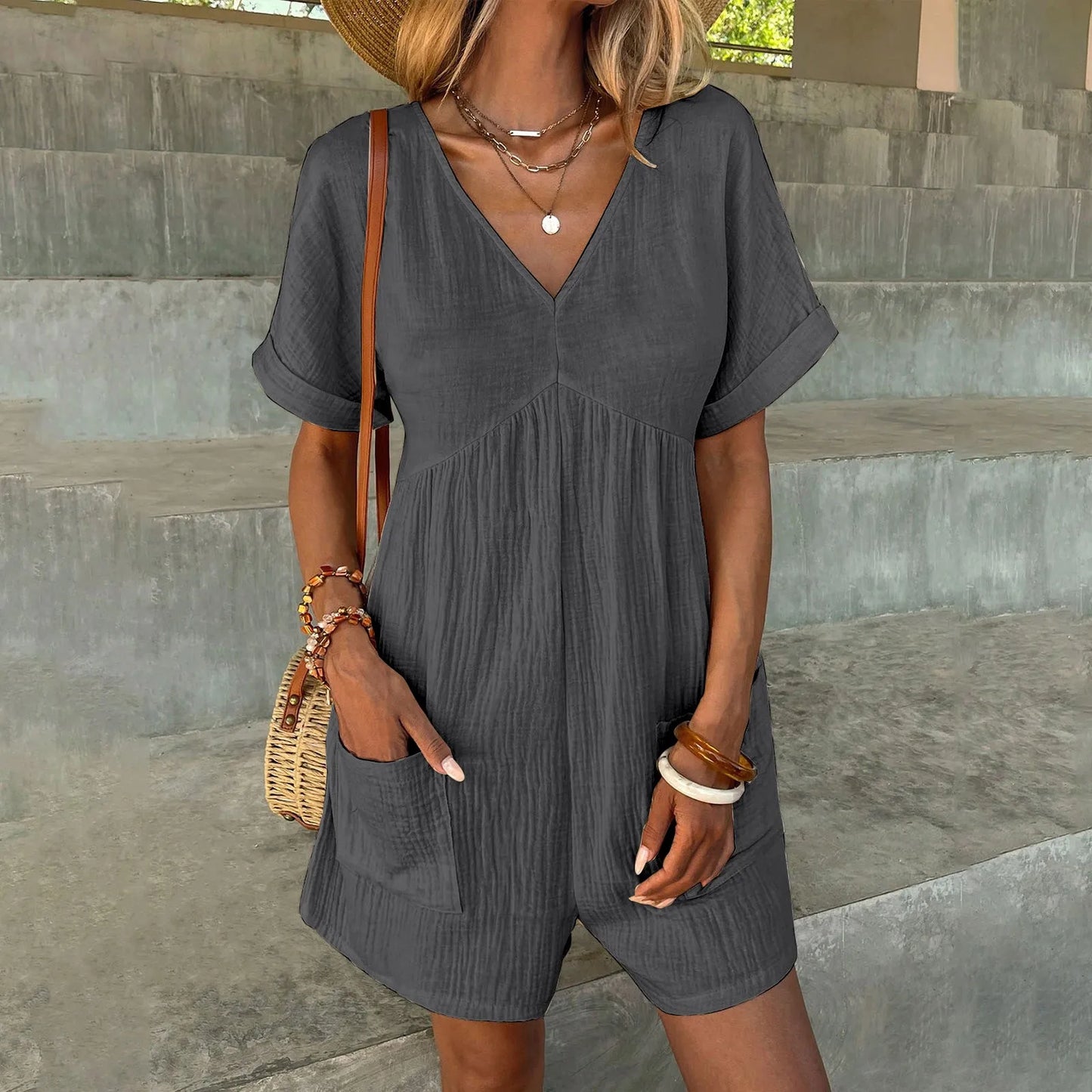 Rompers- Summer Essential Textured Romper with Pockets- Dark Gray- Chuzko Women Clothing