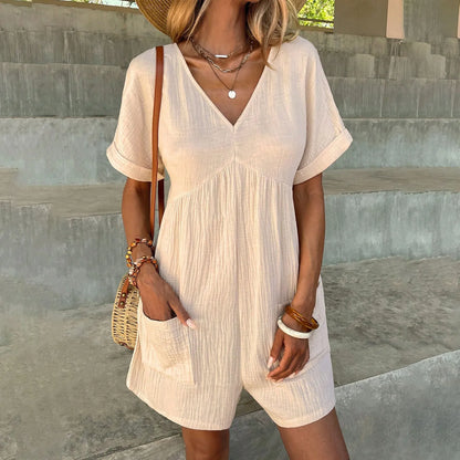 Rompers- Summer Essential Textured Romper with Pockets- Beige- Chuzko Women Clothing