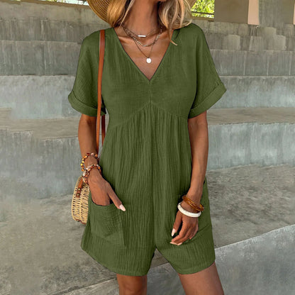 Rompers- Summer Essential Textured Romper with Pockets- Green- Chuzko Women Clothing