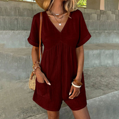 Rompers- Summer Essential Textured Romper with Pockets- Red Wine- Chuzko Women Clothing