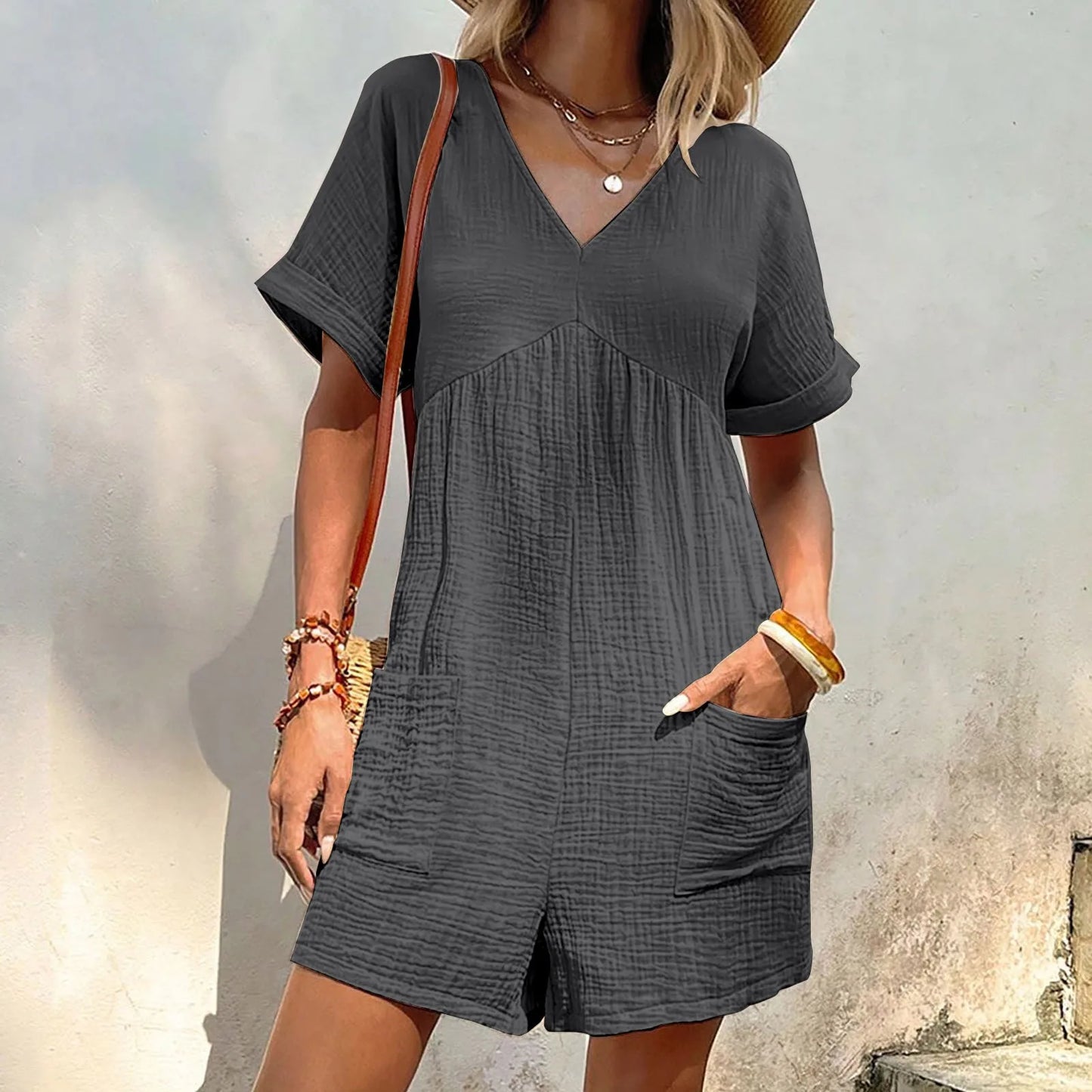 Rompers- Summer Essential Textured Romper with Pockets- - Chuzko Women Clothing