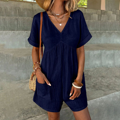 Rompers- Summer Essential Textured Romper with Pockets- Navy- Chuzko Women Clothing