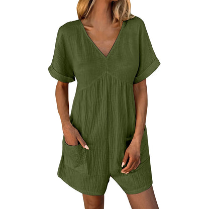 Rompers- Summer Essential Textured Romper with Pockets- - Chuzko Women Clothing