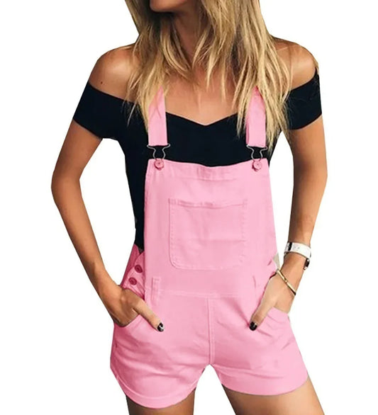 Rompers- Summer Essentials Rompers - Denim Bib Short Overalls- Pink- Chuzko Women Clothing