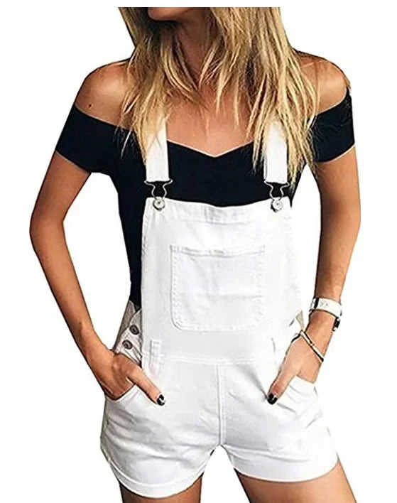 Rompers- Summer Essentials Rompers - Denim Bib Short Overalls- White- Chuzko Women Clothing