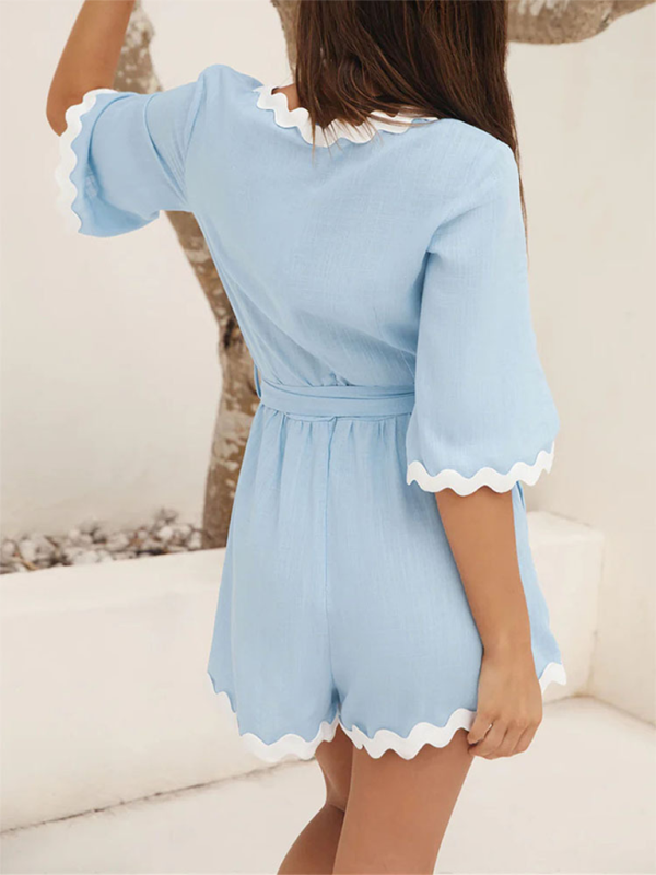 Trendy Ric-Rac Hem Short Playsuit in Solid Cotton for Women